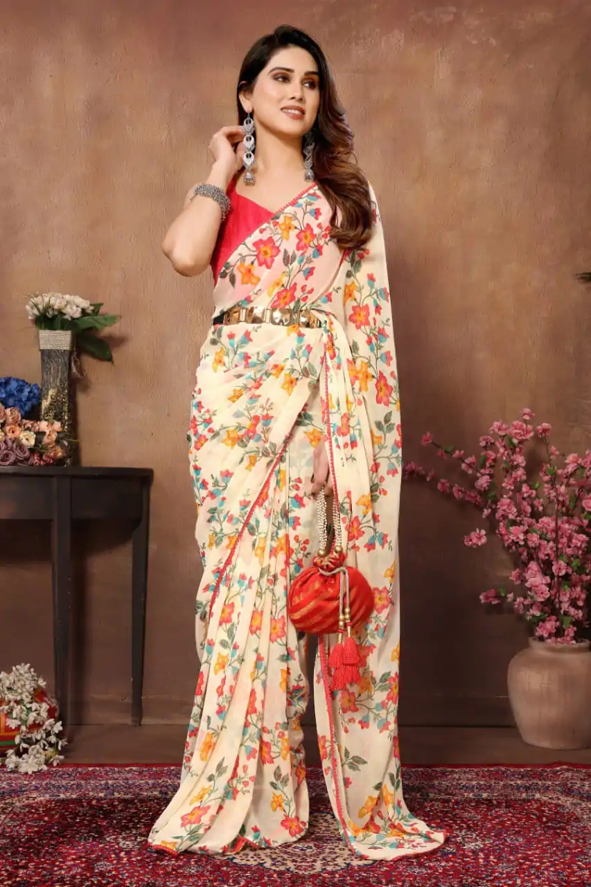  SC 276 Cream Color Pure Soft Georgette Silk Design All Over Saree , Party Wear, Events, Festivals Expected Delivery 4-6 Working Days 1599/- | Bollywood Sarees, Creative Sarees, Designer Sarees, Embroidered Sarees, Ethnic Saree, Modern Digital sarees, Party Wear Sarees, Sarees