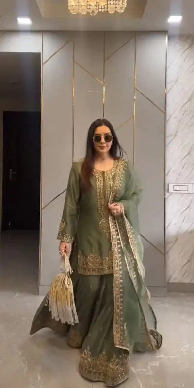 ZF 375 Green Color Chinnon Silk Embroidery Sequence Salwar Suit Casual, Wedding, Party, Events Etc. Expected Delivery 4-6 Working Days 2099/- | Jump Suits, Casual Suits, Creative suits, Designer Suits, Palazzo Suits, Party Wear Suits, Patiala Suits, Salwar suit, Straight Suits
