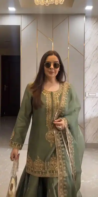ZF 375 Green Color Chinnon Silk Embroidery Sequence Salwar Suit Casual, Wedding, Party, Events Etc. Expected Delivery 4-6 Working Days 2099/- | Jump Suits, Casual Suits, Creative suits, Designer Suits, Palazzo Suits, Party Wear Suits, Patiala Suits, Salwar suit, Straight Suits