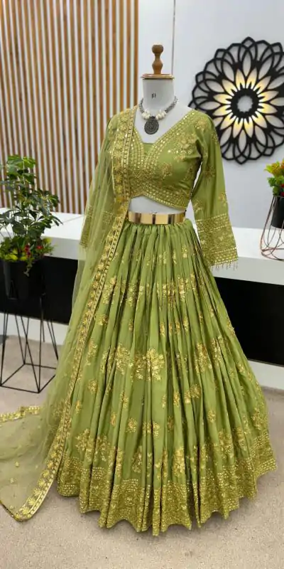 ZSR 3067 Green Color Georgette Embroidery Sequence Lehenga Choli Wedding, Party, Events Etc. Expected Delivery 4-6 Working Days 2149/- | Bollywood Lehenga, Creative Lehenga, Designer Lehenga, Embroidered Lehenga, Lehenga, Party Wear Lehenga