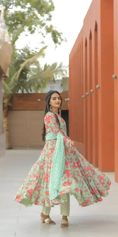 NF 1121 Green color Georgette Material Digital Printed Anarkali Suit Casual, Wedding, Party, Festive, Events . Expected Delivery 4-6 Working Days @2099 | Anarkali Suits, Bollywood Anarkali, Creative-Anarkali, Designer Anarkali, Embroidered Anarkali, Party Wear Anarkali