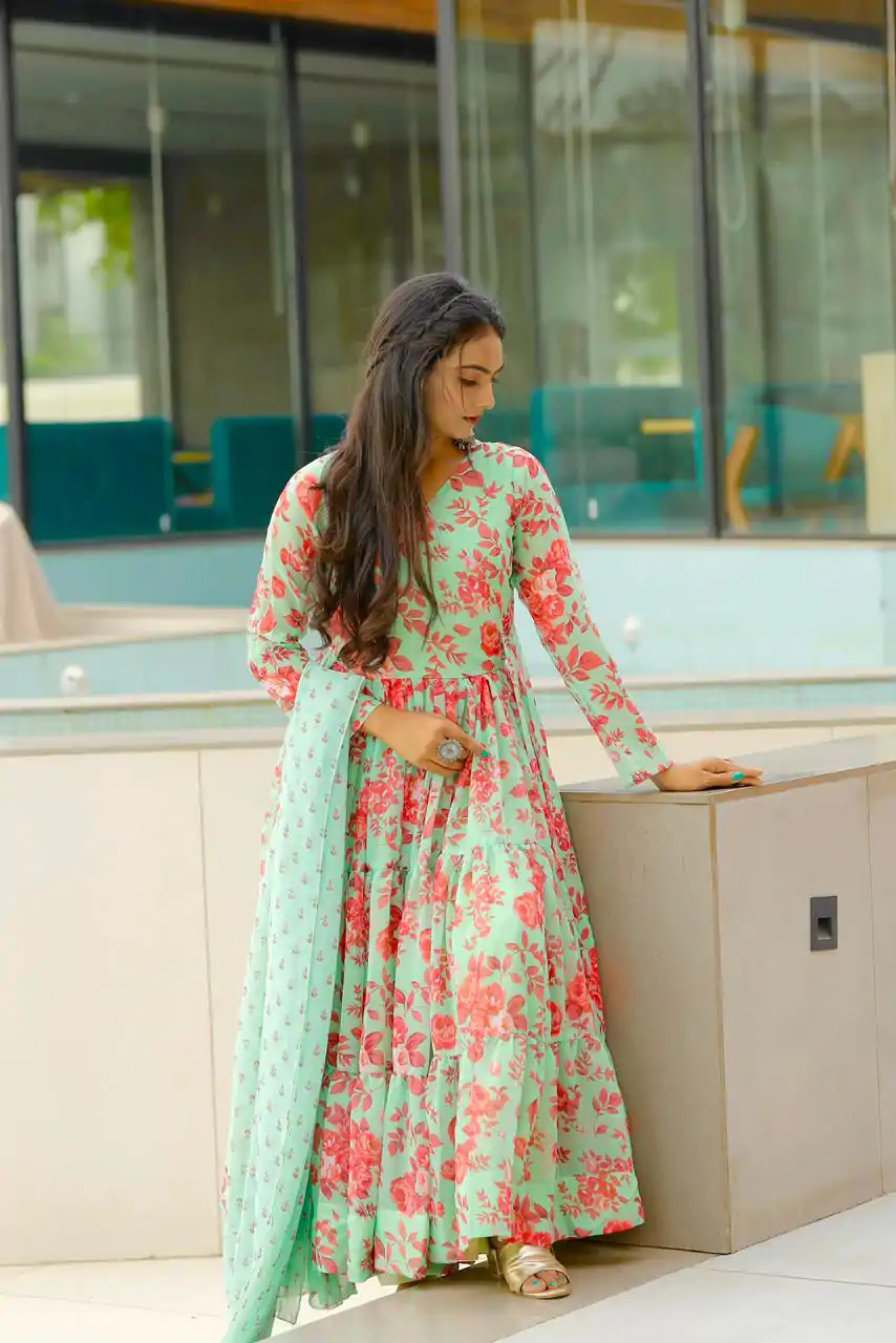 NF 1121 Green color Georgette Material Digital Printed Anarkali Suit Casual, Wedding, Party, Festive, Events . Expected Delivery  4-6 Working Days @2099 | Anarkali Suits, Bollywood Anarkali, Creative-Anarkali, Designer Anarkali, Embroidered Anarkali, Party Wear Anarkali