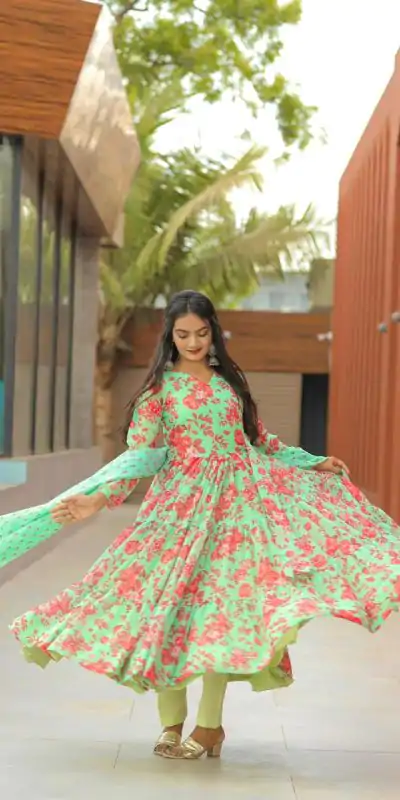 NF 1121 Green color Georgette Material Digital Printed Anarkali Suit Casual, Wedding, Party, Festive, Events . Expected Delivery 4-6 Working Days @2099 | Anarkali Suits, Bollywood Anarkali, Creative-Anarkali, Designer Anarkali, Embroidered Anarkali, Party Wear Anarkali