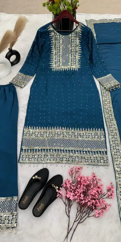 ZF 371 Peacock Blue Color Chinnon Silk Embroidery Salwar Suit Casual, Wedding, Party, Events Etc. Expected Delivery 4-6 Working Days 2099/- | Jump Suits, Casual Suits, Creative suits, Designer Suits, Palazzo Suits, Party Wear Suits, Patiala Suits, Salwar suit, Straight Suits