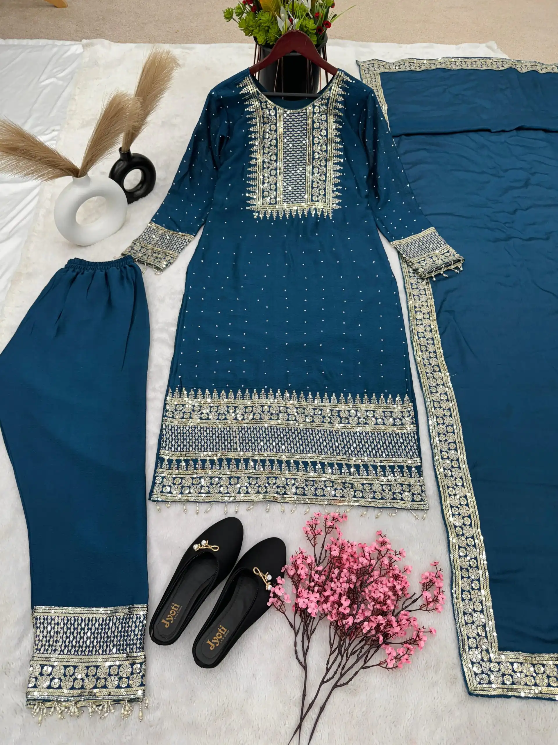 ZF 371 Peacock Blue Color Chinnon Silk Embroidery Salwar Suit Casual, Wedding, Party, Events Etc. Expected Delivery 4-6 Working Days 2099/- | Jump Suits, Casual Suits, Creative suits, Designer Suits, Palazzo Suits, Party Wear Suits, Patiala Suits, Salwar suit, Straight Suits
