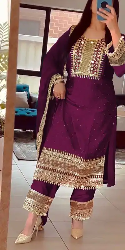 ZF 371 Purple Color Chinnon Silk Embroidery Salwar Suit Casual, Wedding, Party, Events Etc. Expected Delivery 4-6 Working Days 2099/- | Jump Suits, Casual Suits, Creative suits, Designer Suits, Palazzo Suits, Party Wear Suits, Patiala Suits, Salwar suit, Straight Suits