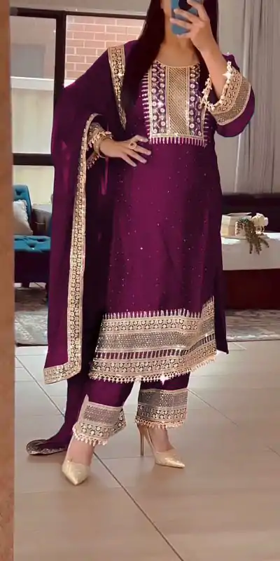ZF 371 Purple Color Chinnon Silk Embroidery Salwar Suit Casual, Wedding, Party, Events Etc. Expected Delivery 4-6 Working Days 2099/- | Jump Suits, Casual Suits, Creative suits, Designer Suits, Palazzo Suits, Party Wear Suits, Patiala Suits, Salwar suit, Straight Suits
