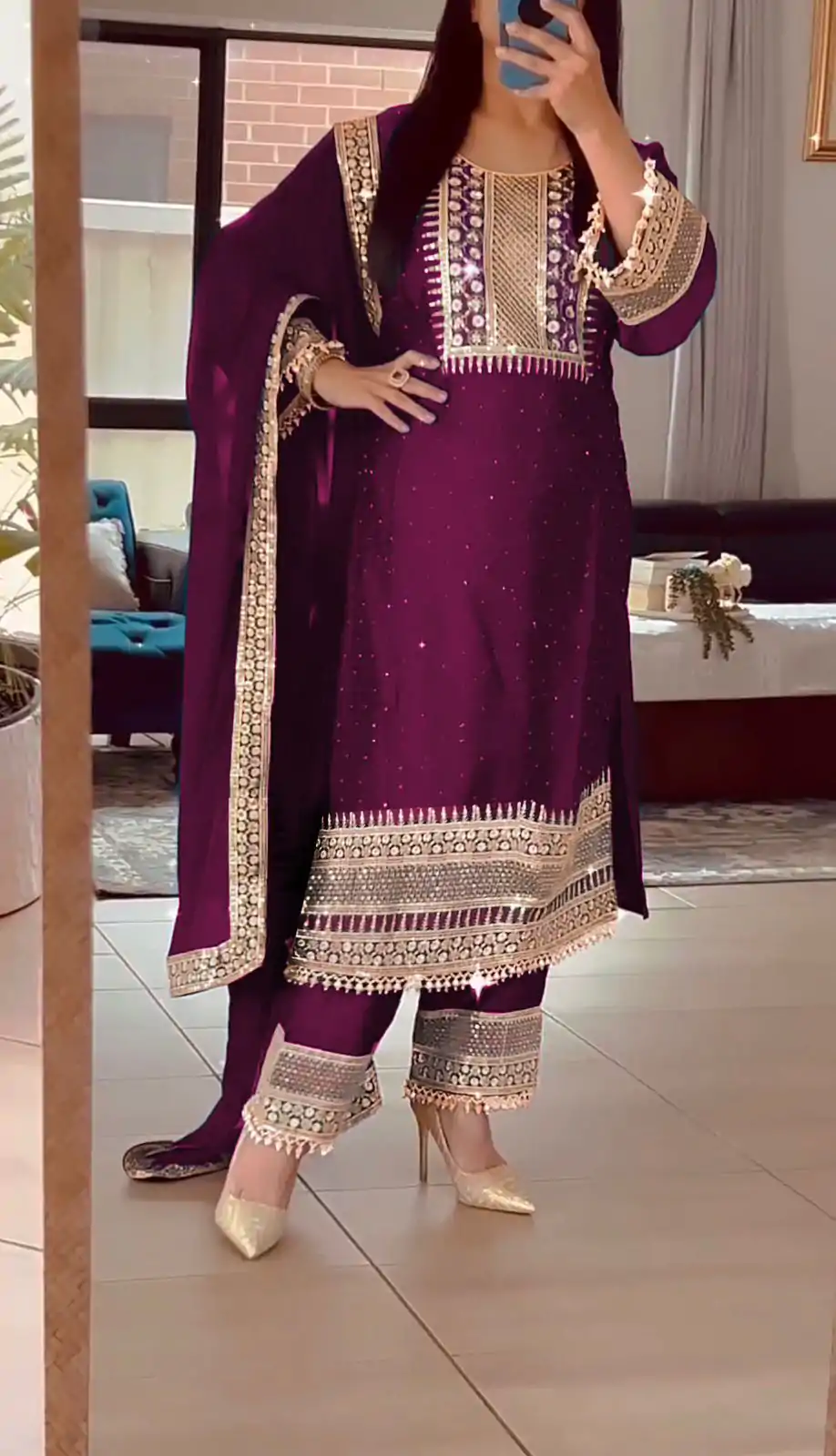 ZF 371 Purple Color Chinnon Silk Embroidery Salwar Suit Casual, Wedding, Party, Events Etc. Expected Delivery 4-6 Working Days 2099/- | Jump Suits, Casual Suits, Creative suits, Designer Suits, Palazzo Suits, Party Wear Suits, Patiala Suits, Salwar suit, Straight Suits