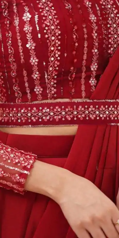 BE 225 Red Color Georgette Ruffle Blouse Embroidery Lehenga Saree Wedding, Party, Festive events, etc. Expected Delivery 4-6 Working Days @1999/- | Bollywood Lehenga, Creative Lehenga, Designer Lehenga, Embroidered Lehenga, Lehenga, Party Wear Lehenga