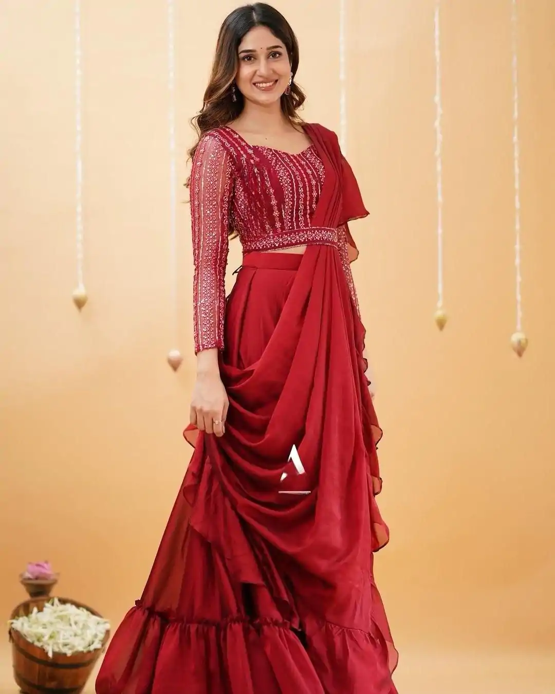BE 225 Red Color Georgette Ruffle Blouse Embroidery Lehenga Saree Wedding, Party, Festive events, etc. Expected Delivery 4-6 Working Days @1999/- | Bollywood Lehenga, Creative Lehenga, Designer Lehenga, Embroidered Lehenga, Lehenga, Party Wear Lehenga