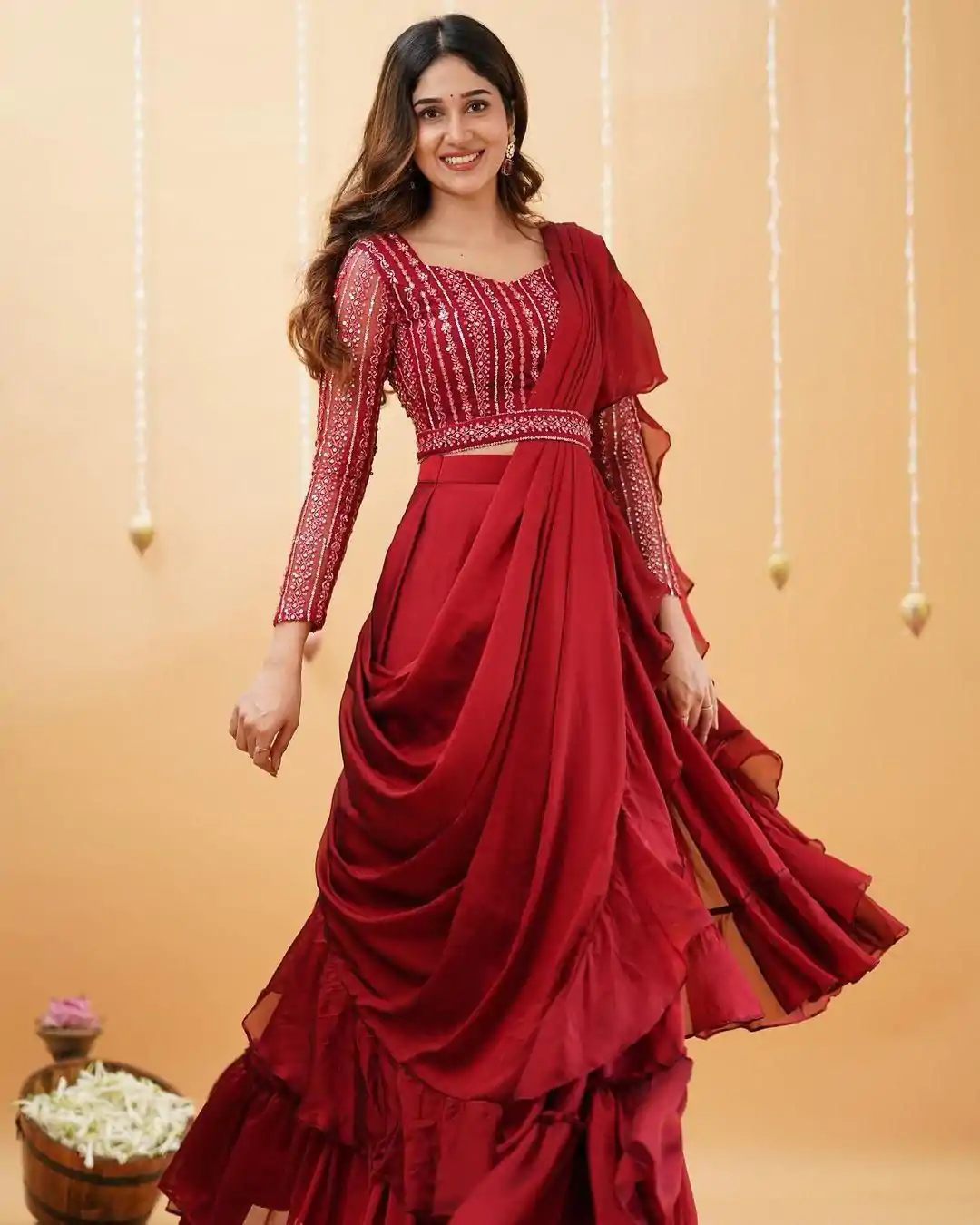 BE 225 Red Color Georgette Ruffle Blouse Embroidery Lehenga Saree Wedding, Party, Festive events, etc. Expected Delivery 4-6 Working Days @1999/- | Bollywood Lehenga, Creative Lehenga, Designer Lehenga, Embroidered Lehenga, Lehenga, Party Wear Lehenga