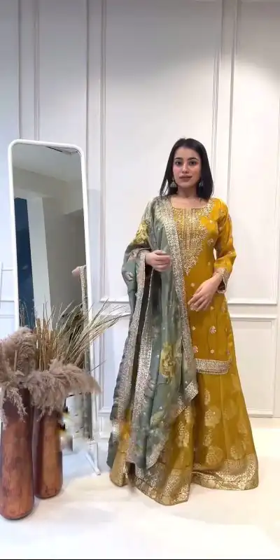 NSR 807 Yellow Color Pure Heavy Chinnon Silk Embroidery Salwar Suit Casual, Party Festive, Events Etc. Expected Delivery 4-6 Working Days @2199/ | Jump Suits, Casual Suits, Creative suits, Designer Suits, Palazzo Suits, Party Wear Suits, Patiala Suits, Salwar suit, Straight Suits