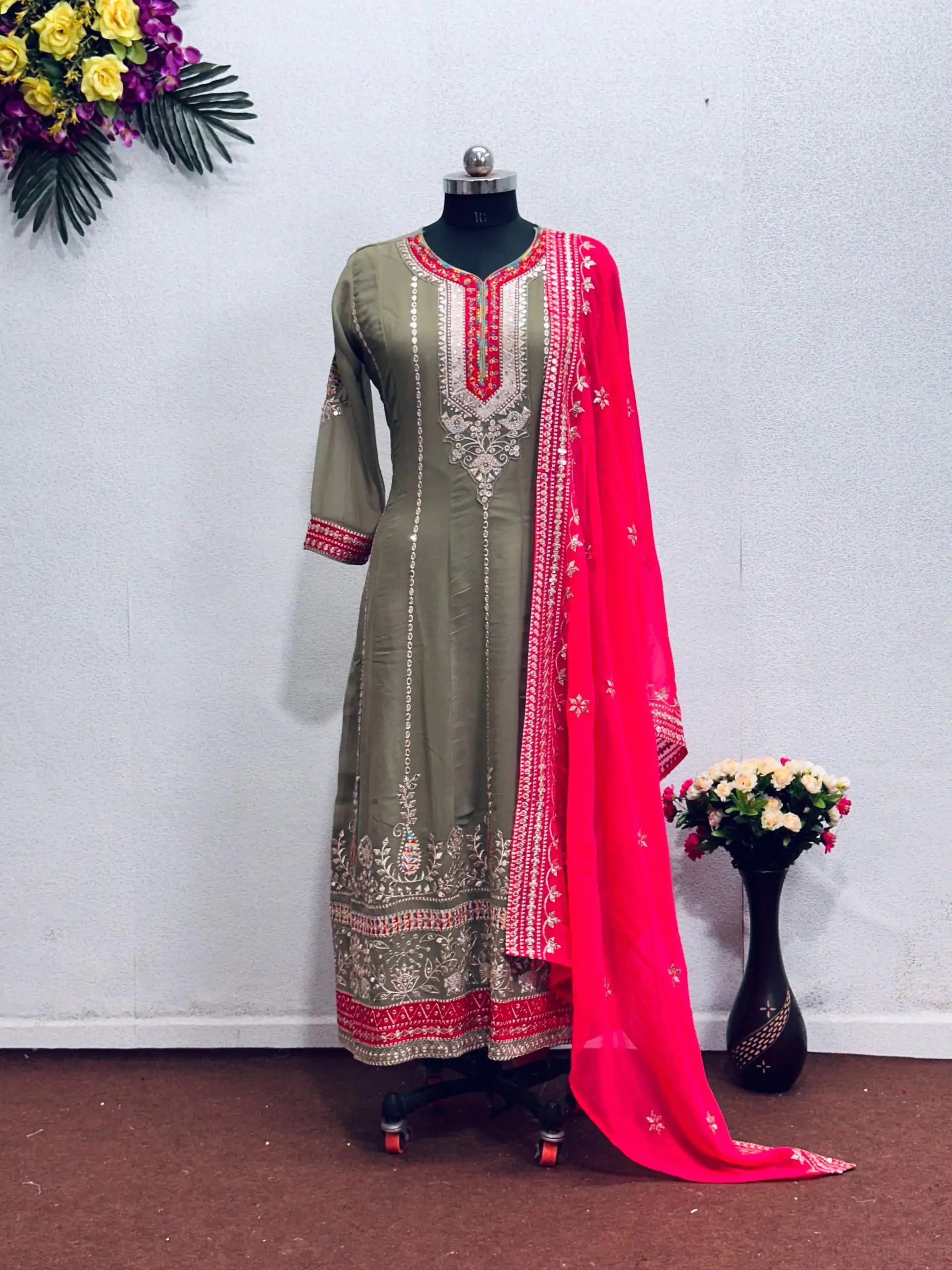 KF 1638 Grey Color Georgette Embroidered Sequence Salwar Suit Wedding, Party, Festive, Events Etc.  Expected Delivery 4-6 Working Days @2199/-Only | Casual Suits, Creative suits, Designer Suits, Palazzo Suits, Party Wear Suits, Salwar suit, Straight Suits