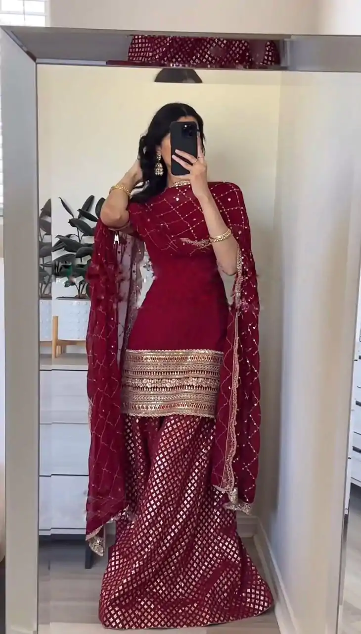 SRK 5164 Maroon Color Georgette Embroidery Sequence Salwar Suit Wedding, Party, Festive, Events Expected Delivery 4-6 Working Days @ 2199/- | Casual Suits, Creative suits, Designer Suits, Palazzo Suits, Party Wear Suits, Patiala Suits, Salwar suit, Straight Suits