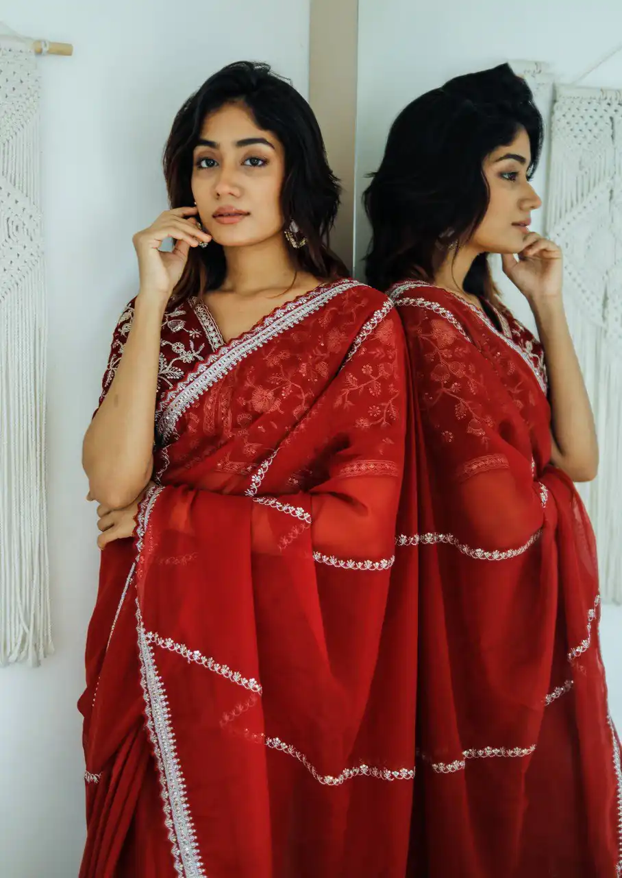  AC CADBURY Red Color Pure Soft Organza Zari Sequence Saree Casual, Wedding, Festive, Events Expected Delivery 4-6 Working Days @1949/- | Bollywood Sarees, Creative Sarees, Designer Sarees, Embroidered Sarees, Ethnic Saree, Modern Digital sarees, Party Wear Sarees, Sarees