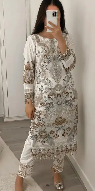 MF 423 White Color Faux Georgette Embroidery Sequence Salwar Suit Wedding, Party, Festive, Events Etc. Expected 4-6 Working Days @2449/- | Casual Suits, Creative suits, Designer Suits, Palazzo Suits, Party Wear Suits, Patiala Suits, Salwar suit, Straight Suits