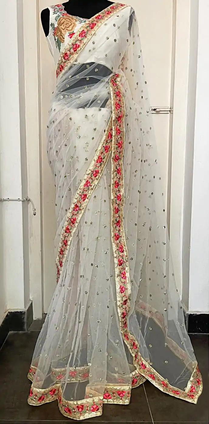 KT 233 White Color Nylon Butterfly Net Thread & Zari Work Saree Blouse: Bangalore Silk Casual, Party Wear, Wedding   Expected Delivery 4-6 Working Days@1799/- | Bollywood Sarees, Creative Sarees, Designer Sarees, Embroidered Sarees, Party Wear Sarees, Sarees