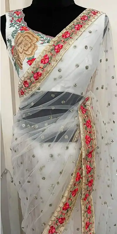KT 233 White Color Nylon Butterfly Net Thread & Zari Work Saree Blouse: Bangalore Silk Casual, Party Wear, Wedding Expected Delivery 4-6 Working Days@1799/- | Bollywood Sarees, Creative Sarees, Designer Sarees, Embroidered Sarees, Party Wear Sarees, Sarees