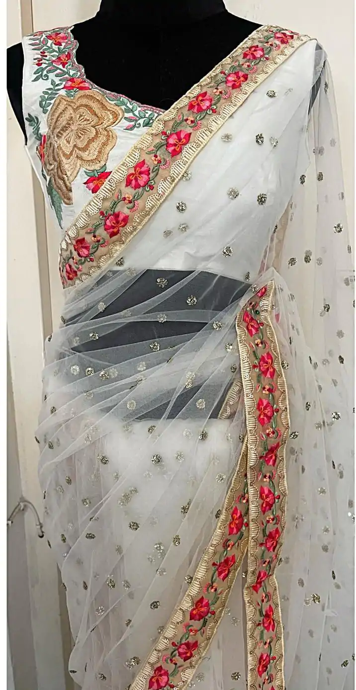 KT 233 White Color Nylon Butterfly Net Thread & Zari Work Saree Blouse: Bangalore Silk Casual, Party Wear, Wedding   Expected Delivery 4-6 Working Days@1799/- | Bollywood Sarees, Creative Sarees, Designer Sarees, Embroidered Sarees, Party Wear Sarees, Sarees