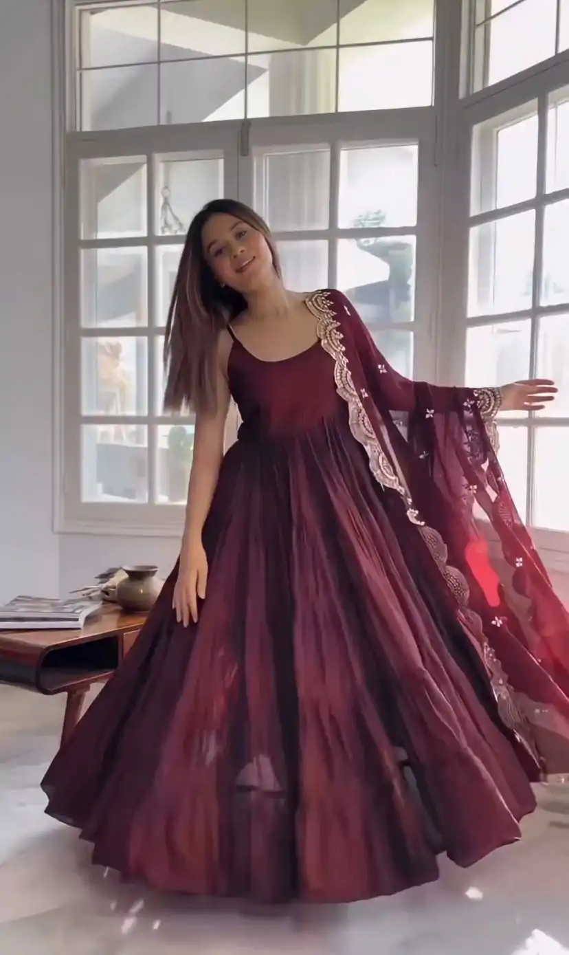 SSR 391 Maroon Color Chinon Silk Embroidery Sequence Anarkali Suit Wedding, Party, Festive, Events Expected Delivery 4-6 Working Days @ 1849/- Only | Anarkali Suits, Bollywood Anarkali, Creative-Anarkali, Designer Anarkali, Embroidered Anarkali, Party Wear Anarkali, Straight Suits