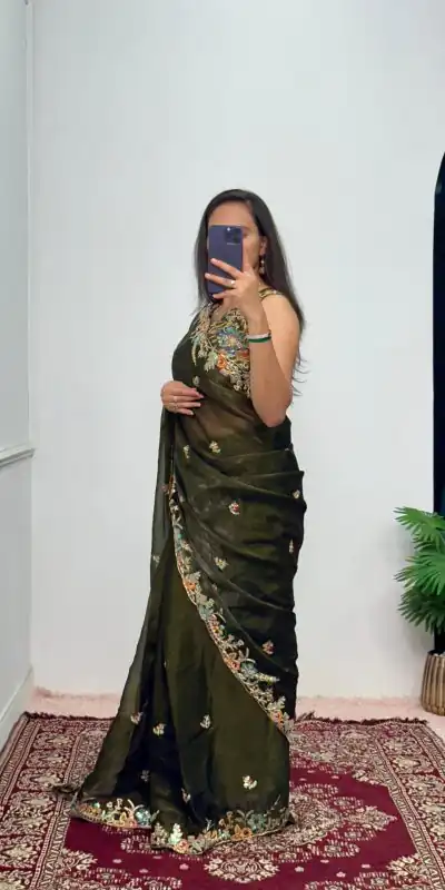 ST 472 Mehndi Color Burberry With Blooming Embroidery Saree Casual, Wedding, Party, Festive, Events Etc. Expected Delivery 4-6 Working Days @1999/- | Bollywood Sarees, Creative Sarees, Designer Sarees, Embroidered Sarees, Ethnic Saree, Modern Digital sarees, Party Wear Sarees, Sarees