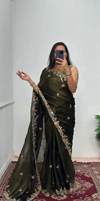 ST 472 Mehndi Color Burberry With Blooming Embroidery Saree Casual, Wedding, Party, Festive, Events Etc. Expected Delivery 4-6 Working Days @1999/- | Bollywood Sarees, Creative Sarees, Designer Sarees, Embroidered Sarees, Ethnic Saree, Modern Digital sarees, Party Wear Sarees, Sarees