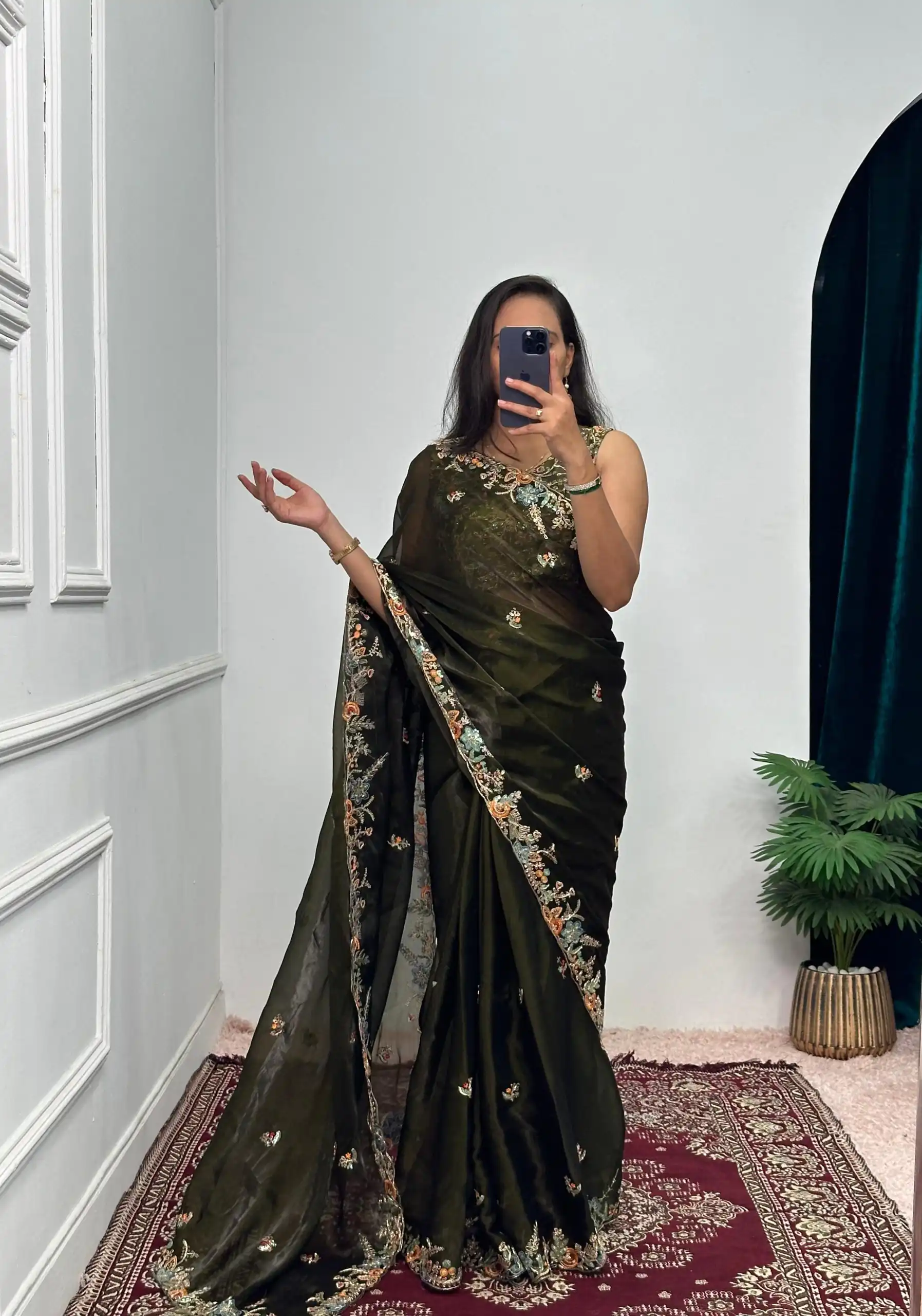 ST 472 Mehndi Color Burberry With Blooming Embroidery Saree Casual, Wedding, Party, Festive, Events Etc. Expected Delivery 4-6 Working Days @1999/- | Bollywood Sarees, Creative Sarees, Designer Sarees, Embroidered Sarees, Ethnic Saree, Modern Digital sarees, Party Wear Sarees, Sarees