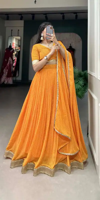 LNB 1212 Mustard Color Georgette Print With Lace Border Lehenga Choli Festive Party Wedding, Events etc. Delivery 4-6 Working Days @2149/- | Bollywood Lehenga, Creative Lehenga, Designer Lehenga, Embroidered Lehenga, Lehenga, Party Wear Lehenga