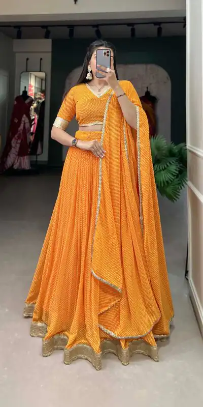 LNB 1212 Mustard Color Georgette Print With Lace Border Lehenga Choli Festive Party Wedding, Events etc. Delivery 4-6 Working Days @2149/- | Bollywood Lehenga, Creative Lehenga, Designer Lehenga, Embroidered Lehenga, Lehenga, Party Wear Lehenga