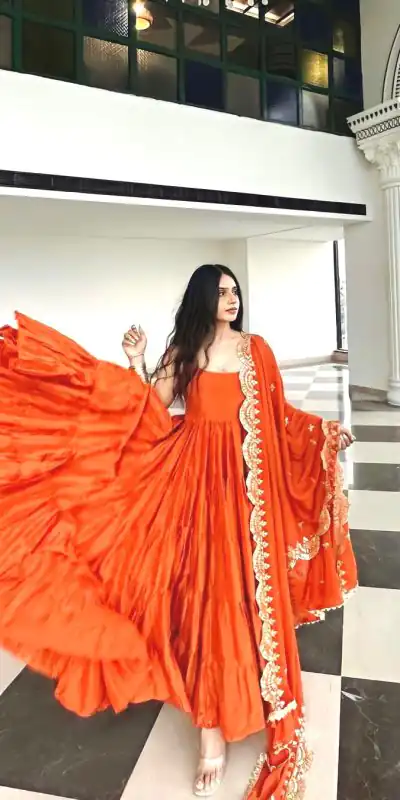 SSR 391 Orange Color Chinon Silk Embroidery Sequence Anarkali Suit Wedding, Party, Festive, Events Expected Delivery 4-6 Working Days @ 1849/- Only | Anarkali Suits, Bollywood Anarkali, Creative-Anarkali, Designer Anarkali, Embroidered Anarkali, Party Wear Anarkali, Straight Suits