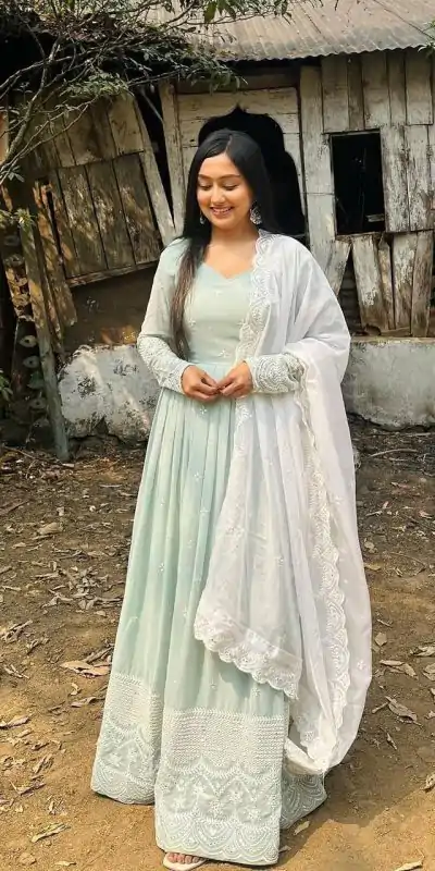 DC G47 Pista Green Color Georgette Embroidery Sequence Gown Casual, Wedding, Party, Festive, Events Etc. Expected Delivery 4-6 Working Days @2449/- | Bollywood Gowns, Creative Gowns, Designer Gowns, Gowns, Party Wear Gowns