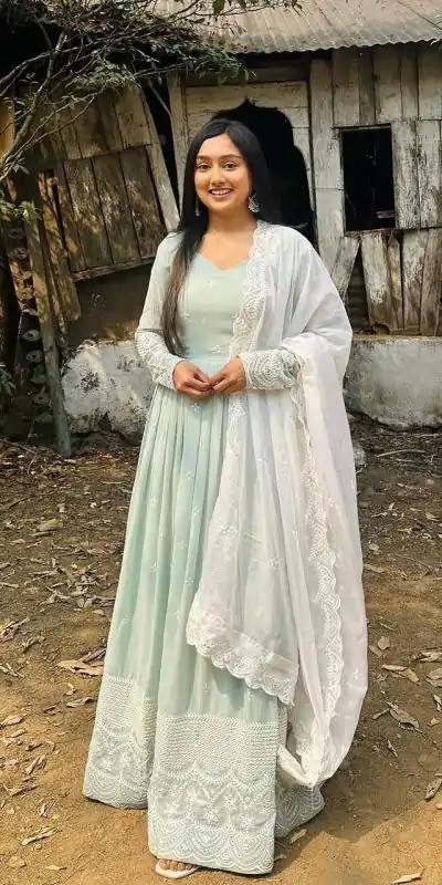 DC G47 Pista Green Color Georgette Embroidery Sequence Gown Casual, Wedding, Party, Festive, Events Etc. Expected Delivery 4-6 Working Days @2449/- | Bollywood Gowns, Creative Gowns, Designer Gowns, Gowns, Party Wear Gowns