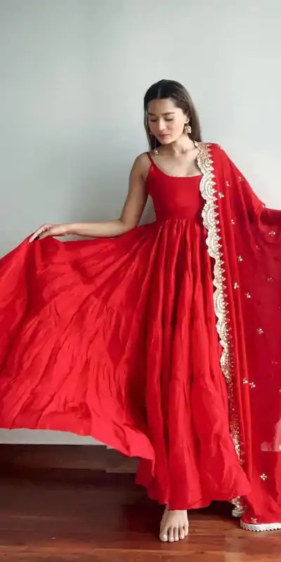 red designer anarkali dress Red Embroidered Silk Anarkali
