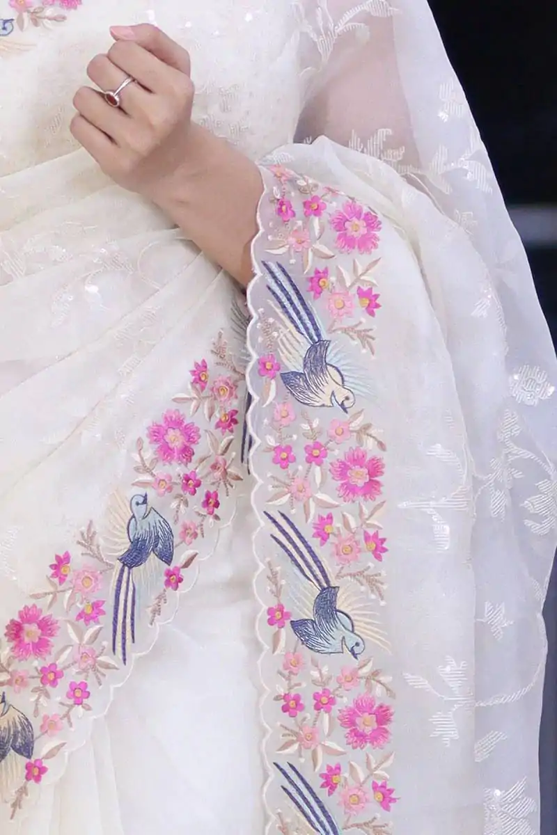 ST 455 White Color Georgette Cotton Thread Embroidery Saree Casual, Wedding, Party, Festive, Events Etc. Expected Delivery 4-6 Working Days @1949/- | Bollywood Sarees, Creative Sarees, Designer Sarees, Embroidered Sarees, Ethnic Saree, Modern Digital sarees, Party Wear Sarees, Sarees