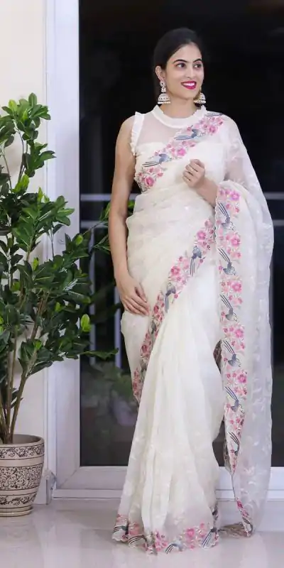 ST 455 White Color Georgette Cotton Thread Embroidery Saree Casual, Wedding, Party, Festive, Events Etc. Expected Delivery 4-6 Working Days @1949/- | Bollywood Sarees, Creative Sarees, Designer Sarees, Embroidered Sarees, Ethnic Saree, Modern Digital sarees, Party Wear Sarees, Sarees