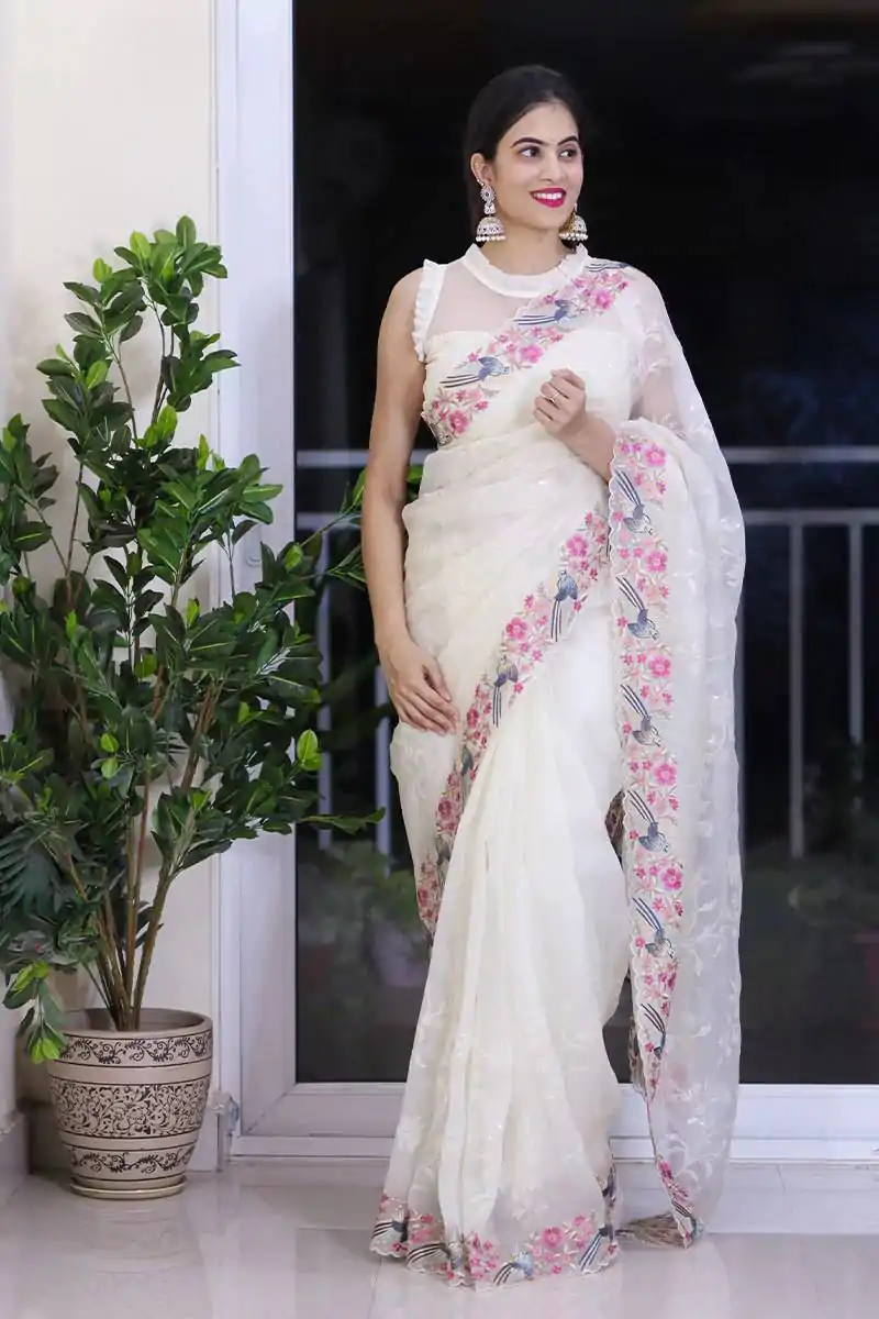ST 455 White Color Georgette Cotton Thread Embroidery Saree Casual, Wedding, Party, Festive, Events Etc. Expected Delivery 4-6 Working Days @1949/- | Bollywood Sarees, Creative Sarees, Designer Sarees, Embroidered Sarees, Ethnic Saree, Modern Digital sarees, Party Wear Sarees, Sarees