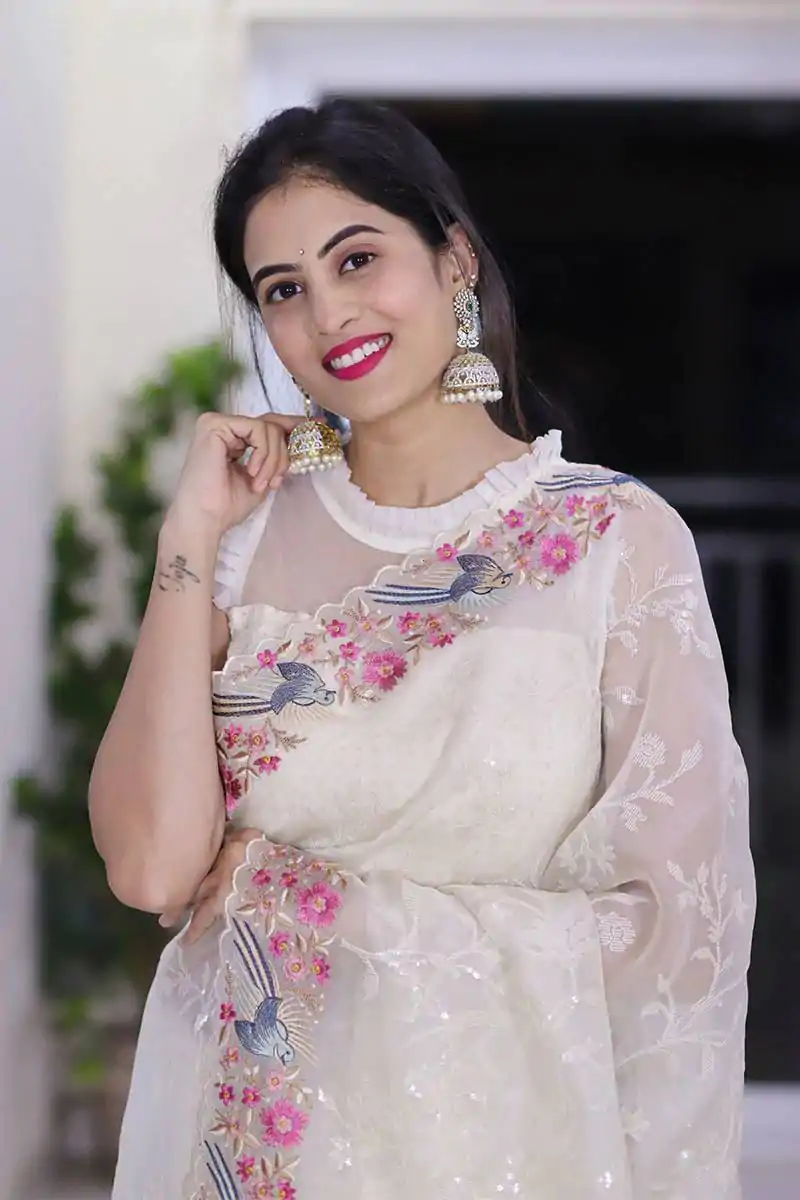 ST 455 White Color Georgette Cotton Thread Embroidery Saree Casual, Wedding, Party, Festive, Events Etc. Expected Delivery 4-6 Working Days @1949/- | Bollywood Sarees, Creative Sarees, Designer Sarees, Embroidered Sarees, Ethnic Saree, Modern Digital sarees, Party Wear Sarees, Sarees