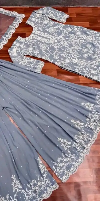 SR 1432 Blue Grey Color Heavy Georgette Embroidery Work Sharara Suit Wedding, Party, Festive, Events Etc. Expected Delivery 4-6 Working Days @1999 | Casual Suits, Creative suits, Designer Suits, Palazzo Suits, Party Wear Suits, Salwar suit, Straight Suits