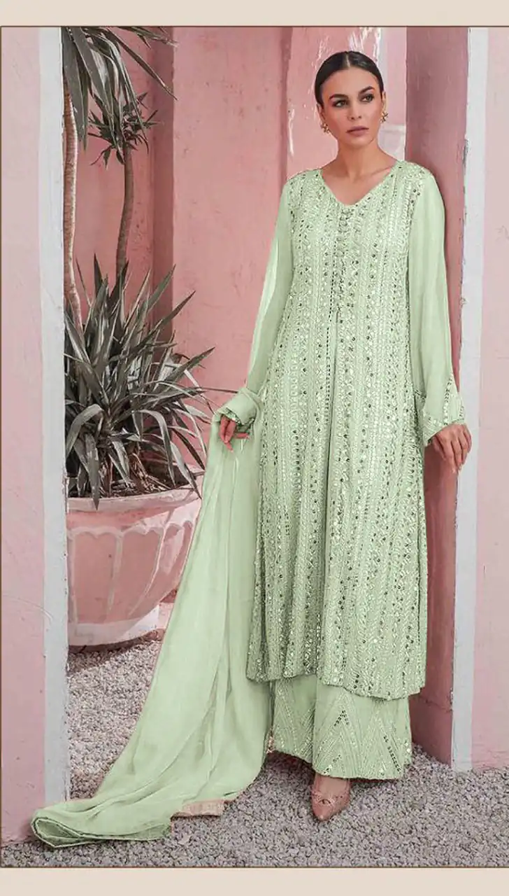 DS 001255 Green color Georgette Embroidered Sequence Salwar Suit Casual, Wedding, Party, Festive, Events . Expected Delivery 4-6 Working Days @1999/- | Casual Suits, Creative suits, Designer Suits, Palazzo Suits, Party Wear Suits, Patiala Suits, Salwar suit, Straight Suits