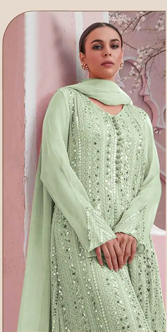 DS 001255 Green color Georgette Embroidered Sequence Salwar Suit Casual, Wedding, Party, Festive, Events . Expected Delivery 4-6 Working Days @1999/- | Casual Suits, Creative suits, Designer Suits, Palazzo Suits, Party Wear Suits, Patiala Suits, Salwar suit, Straight Suits