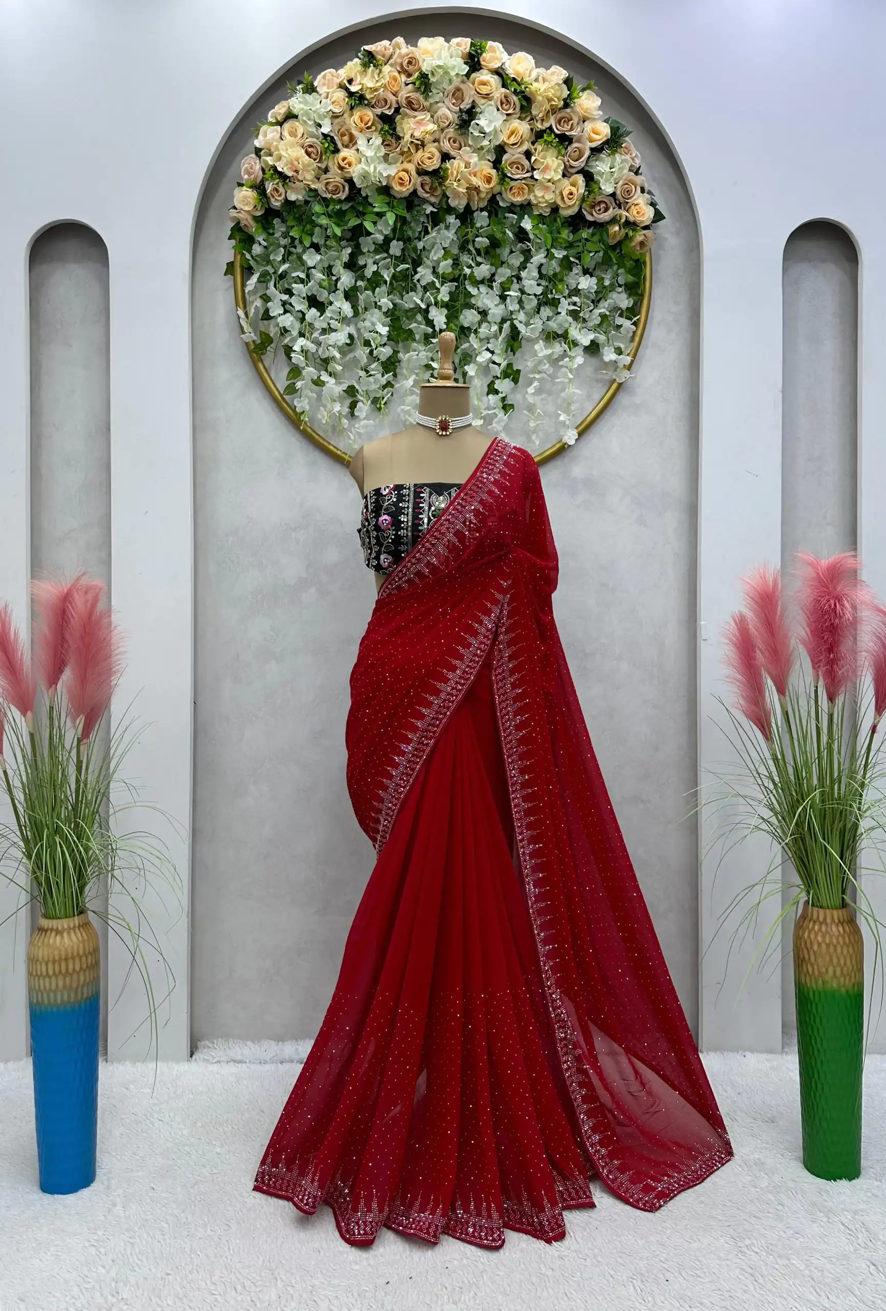 KD 443 Red Color Heavy Faux Georgette Hot Fix Work Saree Casual, Party, Wedding, Festive, Events Etc. Expected Delivery 4-6 Working Days @1999/- Only | Bollywood Sarees, Creative Sarees, Designer Sarees, Embroidered Sarees, Ethnic Saree, Modern Digital sarees, Party Wear Sarees, Sarees