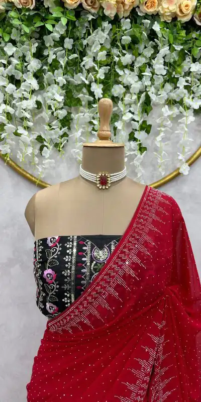 KD 443 Red Color Heavy Faux Georgette Hot Fix Work Saree Casual, Party, Wedding, Festive, Events Etc. Expected Delivery 4-6 Working Days @1999/- Only | Bollywood Sarees, Creative Sarees, Designer Sarees, Embroidered Sarees, Ethnic Saree, Modern Digital sarees, Party Wear Sarees, Sarees