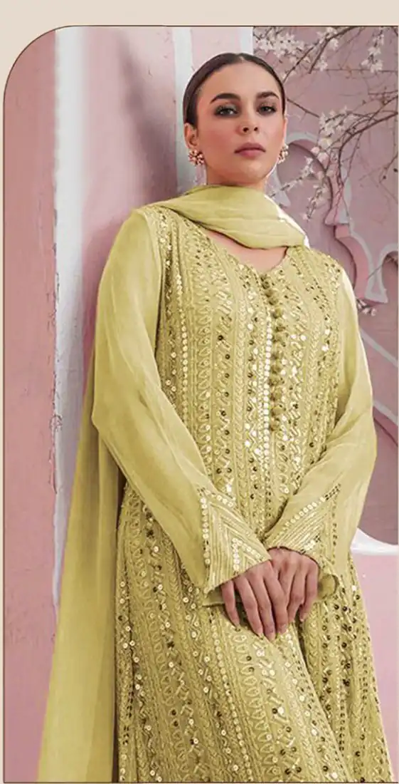 DS 001255 Yellow  color Georgette Embroidered Sequence Salwar Suit Casual, Wedding, Party, Festive, Events . Expected Delivery  4-6 Working Days @1999/- | Casual Suits, Creative suits, Designer Suits, Palazzo Suits, Party Wear Suits, Patiala Suits, Salwar suit, Straight Suits