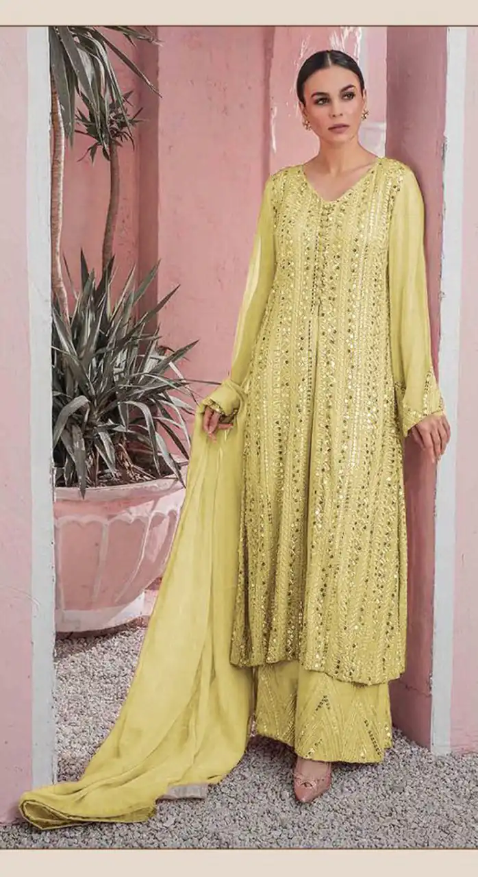 DS 001255 Yellow  color Georgette Embroidered Sequence Salwar Suit Casual, Wedding, Party, Festive, Events . Expected Delivery  4-6 Working Days @1999/- | Casual Suits, Creative suits, Designer Suits, Palazzo Suits, Party Wear Suits, Patiala Suits, Salwar suit, Straight Suits