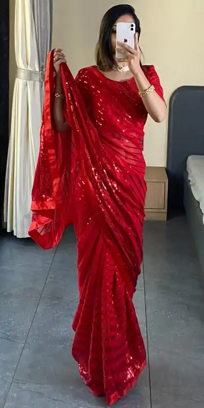 DS BT RADHIKA Red Color Georgette Fancy Sequence Work Saree Wedding, Party, Festive, Events Expected Delivery 4-6 Working Days @ 1699/- | Bollywood Sarees, Creative Sarees, Designer Sarees, Embroidered Sarees, Ethnic Saree, Modern Digital sarees, Party Wear Sarees, Sarees