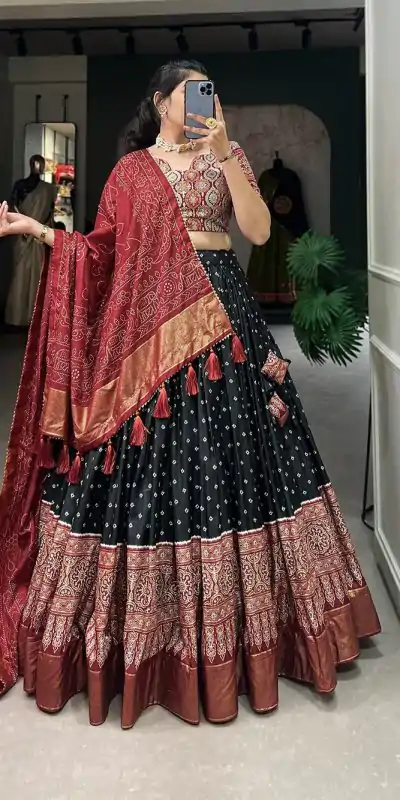 AF Lahriya Black Color Tussar Patola Print Foil Work Lehenga Choli Casual, Party Wear, Events, Festivals Wear Etc. Expected Delivery 4-6 Working Days @1999 | Bollywood Lehenga, Creative Lehenga, Designer Lehenga, Embroidered Lehenga, Lehenga, Party Wear Lehenga
