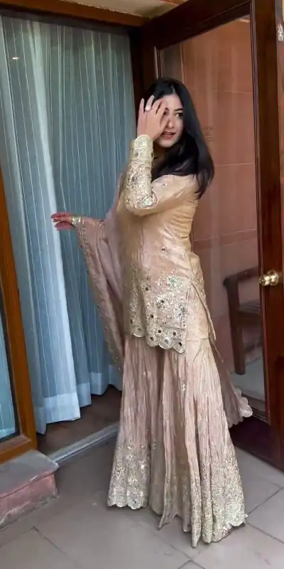 VLM 186 Golden color Chinon Silk Embroidery Work Salwar Suit Casual, Wedding, Party, Festive, Events . Expected Delivery 4-6 Working Days @2199/- | Jump Suits, Casual Suits, Creative suits, Designer Suits, Palazzo Suits, Party Wear Suits, Patiala Suits, Salwar suit, Straight Suits