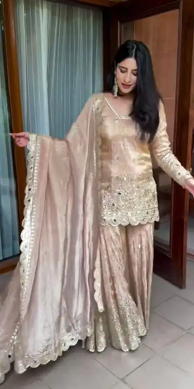 VLM 186 Golden color Chinon Silk Embroidery Work Salwar Suit Casual, Wedding, Party, Festive, Events . Expected Delivery 4-6 Working Days @2199/- | Jump Suits, Casual Suits, Creative suits, Designer Suits, Palazzo Suits, Party Wear Suits, Patiala Suits, Salwar suit, Straight Suits