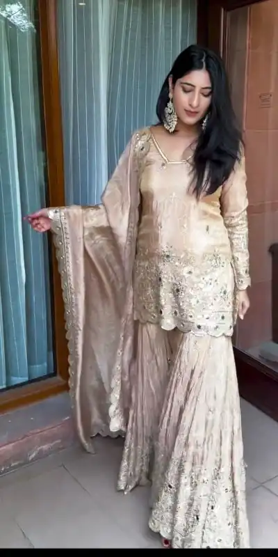 VLM 186 Golden color Chinon Silk Embroidery Work Salwar Suit Casual, Wedding, Party, Festive, Events . Expected Delivery 4-6 Working Days @2199/- | Jump Suits, Casual Suits, Creative suits, Designer Suits, Palazzo Suits, Party Wear Suits, Patiala Suits, Salwar suit, Straight Suits