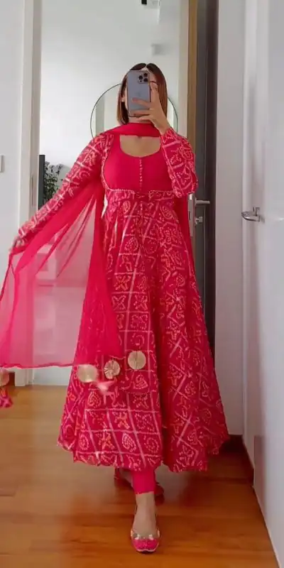 KD 1177 Pink Color Georgette Bandhani Digital Printed Salwar Suit Casual, Party, Festive, Events Wedding Etc. Expected Delivery 4-6 Working Days @2099/- | Casual Suits, Creative suits, Designer Suits, Palazzo Suits, Party Wear Suits, Salwar suit, Straight Suits